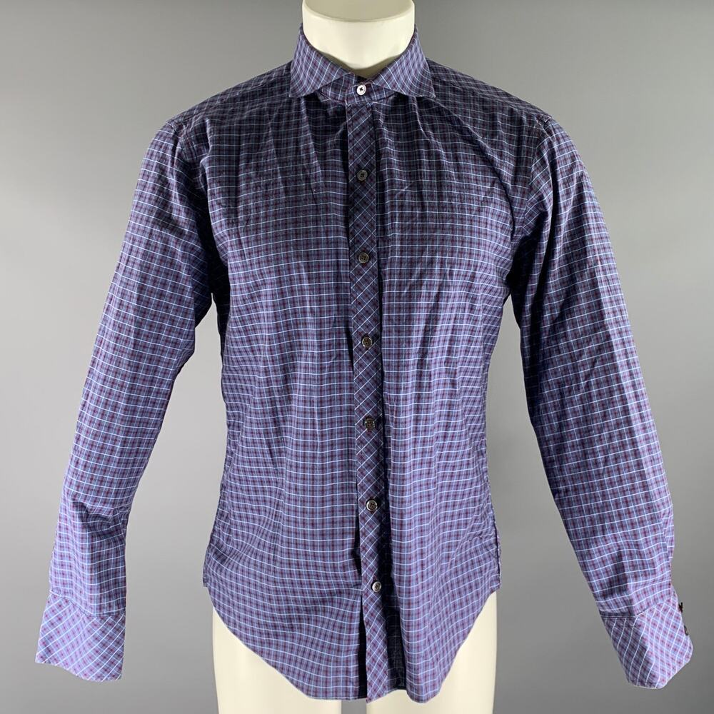 ZACHARY PRELL Size M Blue Burgundy Check Cotton Cutaway Long Sleeve Shirt